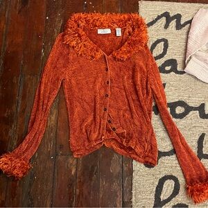 Lord & Taylor Orange Fuzzy Collar Blouse